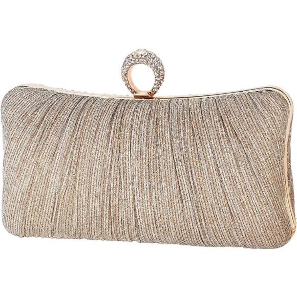 Womens Golden Clutch Purse Evening for Bridal Wedding Party with Rhinestone Ring